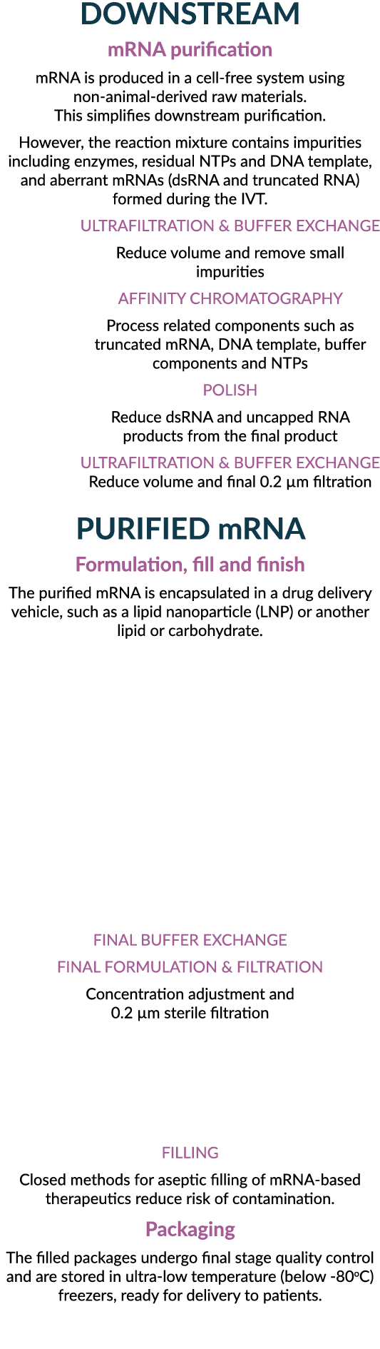 DOWNSTREAM mRNA purification mRNA is produced in a cell free system using non animal derived raw materials. This simp...