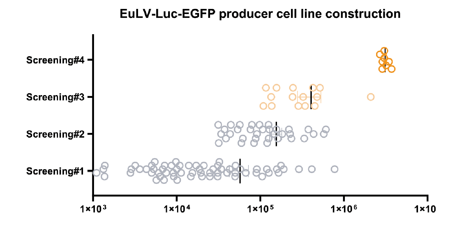 The x-axis shows the transduction titer measured from luciferase assay, and four rounds of screening are performed. The average titer increases nearly 100 folds after the fourth screening step. One of the best producer clones is selected to develop the lentiviral production process.